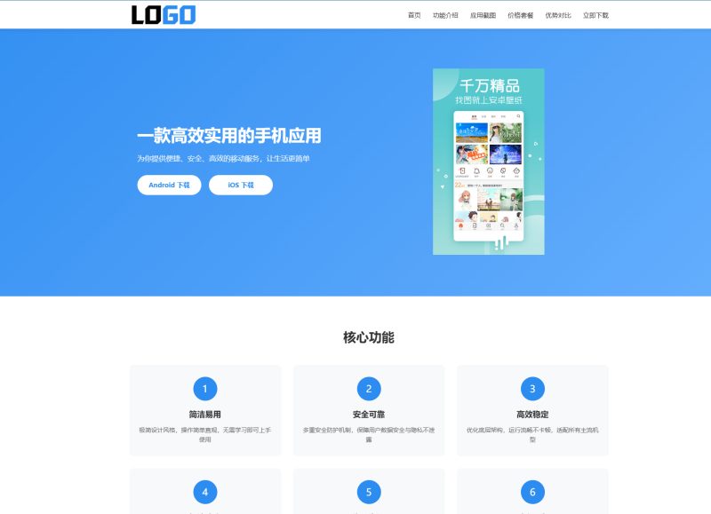 蓝色APP软件官网单页落地页整站源码 PHP 自适应应用产品宣传下载单页网站模板-朝晞小屋